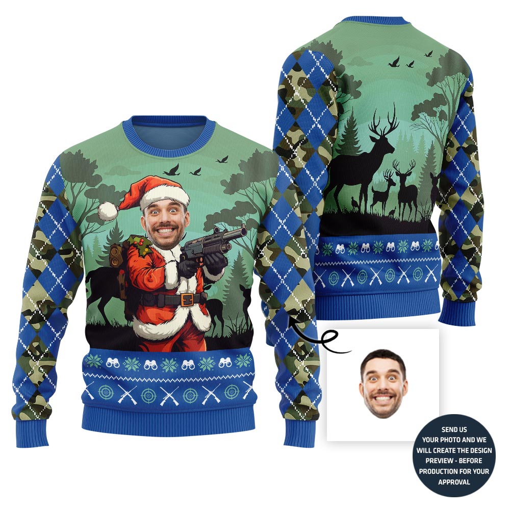 Custom Face Santa Hunting Christmas Sweater For Men