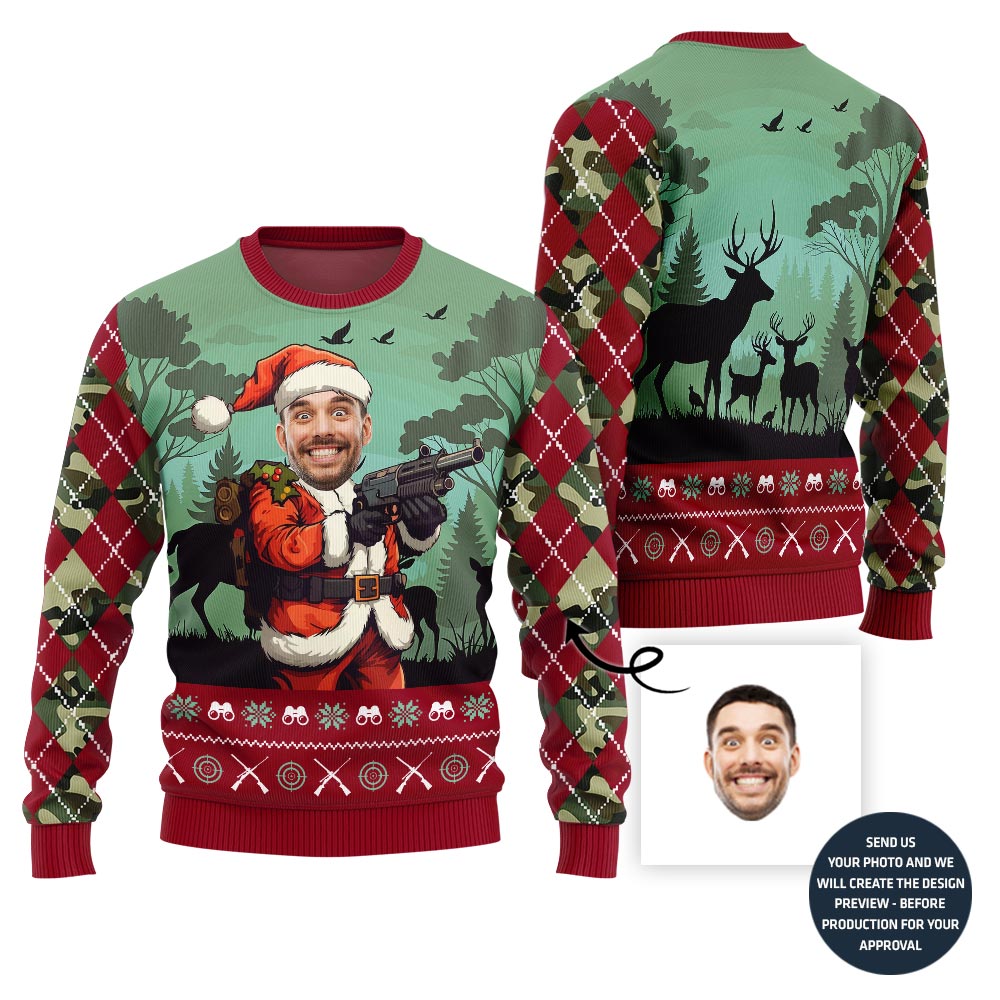 Custom Face Santa Hunting Christmas Sweater For Men