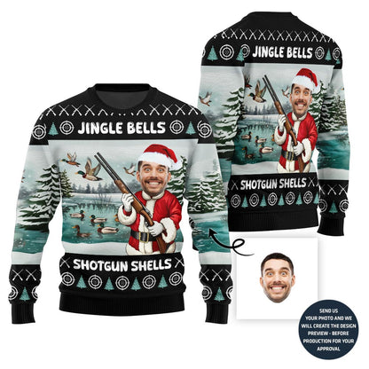 Custom Face Santa Hunting Jingle Bell Xmas Sweater Men