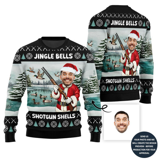 Custom Face Santa Hunting Jingle Bell Xmas Sweater Men