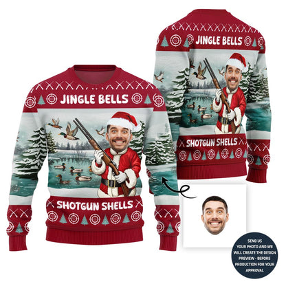 Custom Face Santa Hunting Jingle Bell Xmas Sweater Men