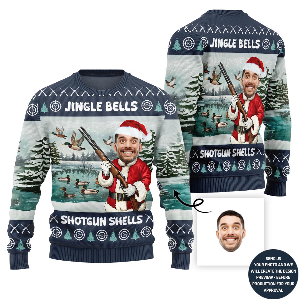Custom Face Santa Hunting Jingle Bell Xmas Sweater Men