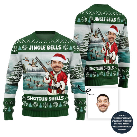 Custom Face Santa Hunting Jingle Bell Xmas Sweater Men