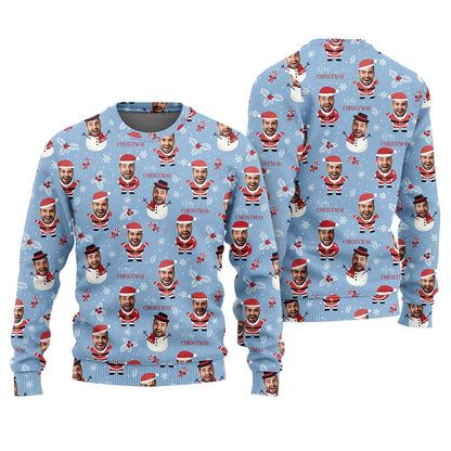 Custom Face Snowman Funny Christmas Sweater Blue