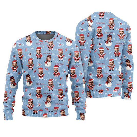 Custom Face Snowman Funny Christmas Sweater Blue