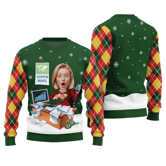 Custom Face Super Mom Ugly Christmas Sweater Green