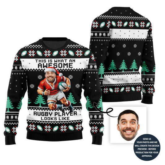 Custom Face Ugly Sweater For Rugby Player