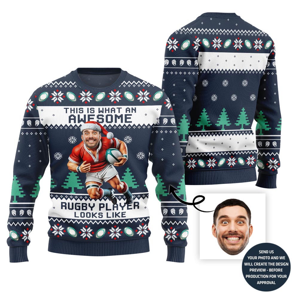 Custom Face Ugly Sweater For Rugby Player