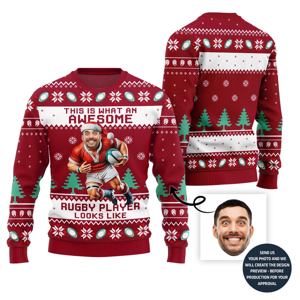 Custom Face Ugly Sweater For Rugby Player