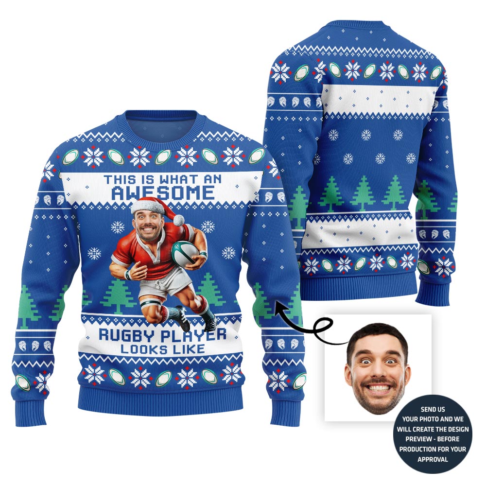 Custom Face Ugly Sweater For Rugby Player