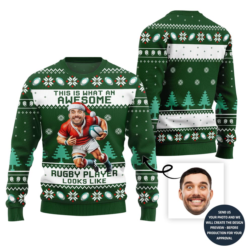 Custom Face Ugly Sweater For Rugby Player