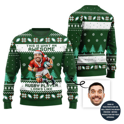 Custom Face Ugly Sweater For Rugby Player