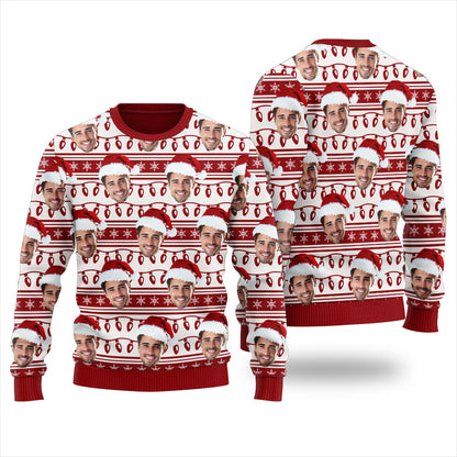 Custom Face Wearing Santa Hat Christmas Sweater White