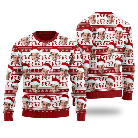 Custom Face Wearing Santa Hat Christmas Sweater White