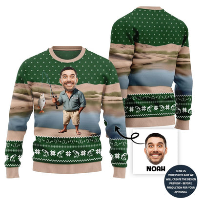 Custom Face With Name Fishing Ugly Holiday Sweater