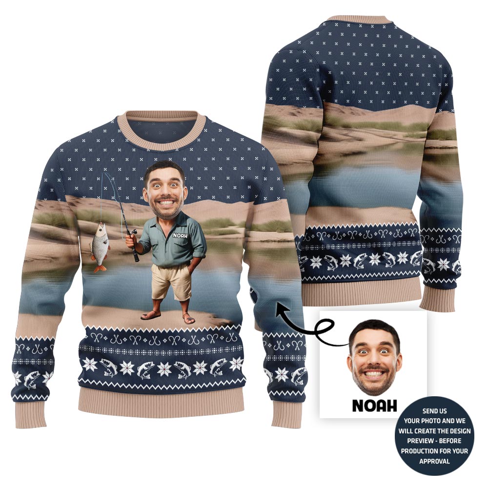 Custom Face With Name Fishing Ugly Holiday Sweater