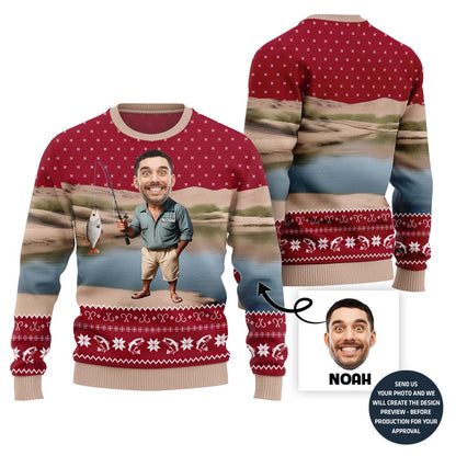 Custom Face With Name Fishing Ugly Holiday Sweater