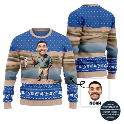 Custom Face With Name Fishing Ugly Holiday Sweater