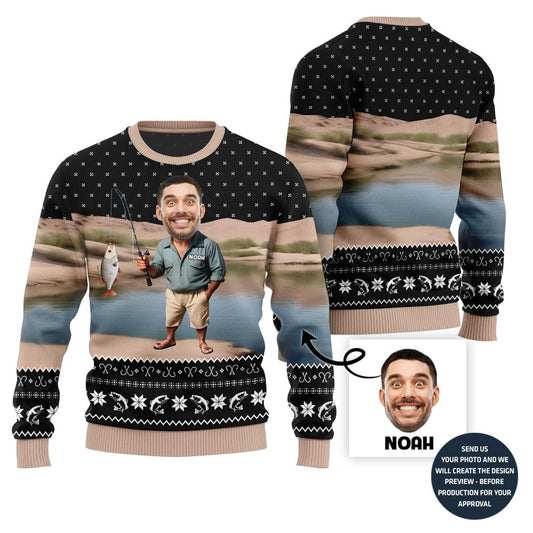 Custom Face With Name Fishing Ugly Holiday Sweater