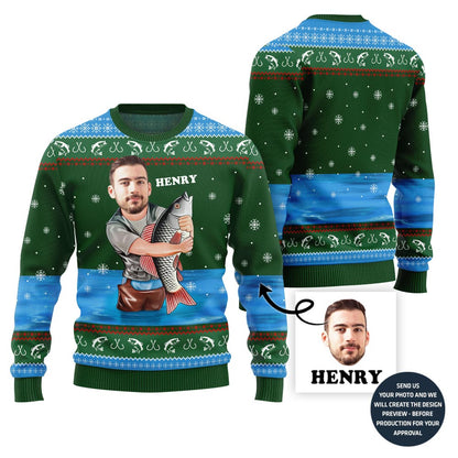 Custom Face With Name Fishing Ugly Sweater