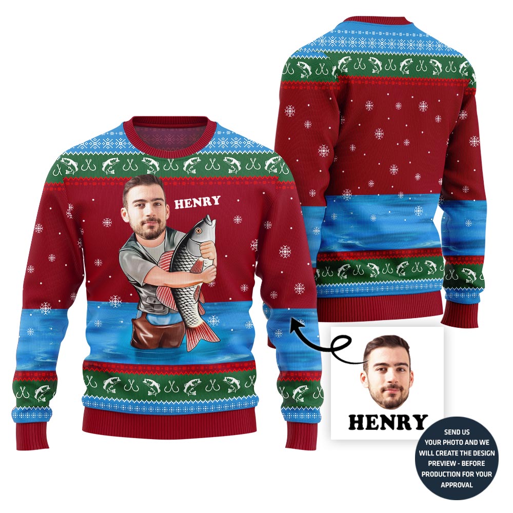 Custom Face With Name Fishing Ugly Sweater