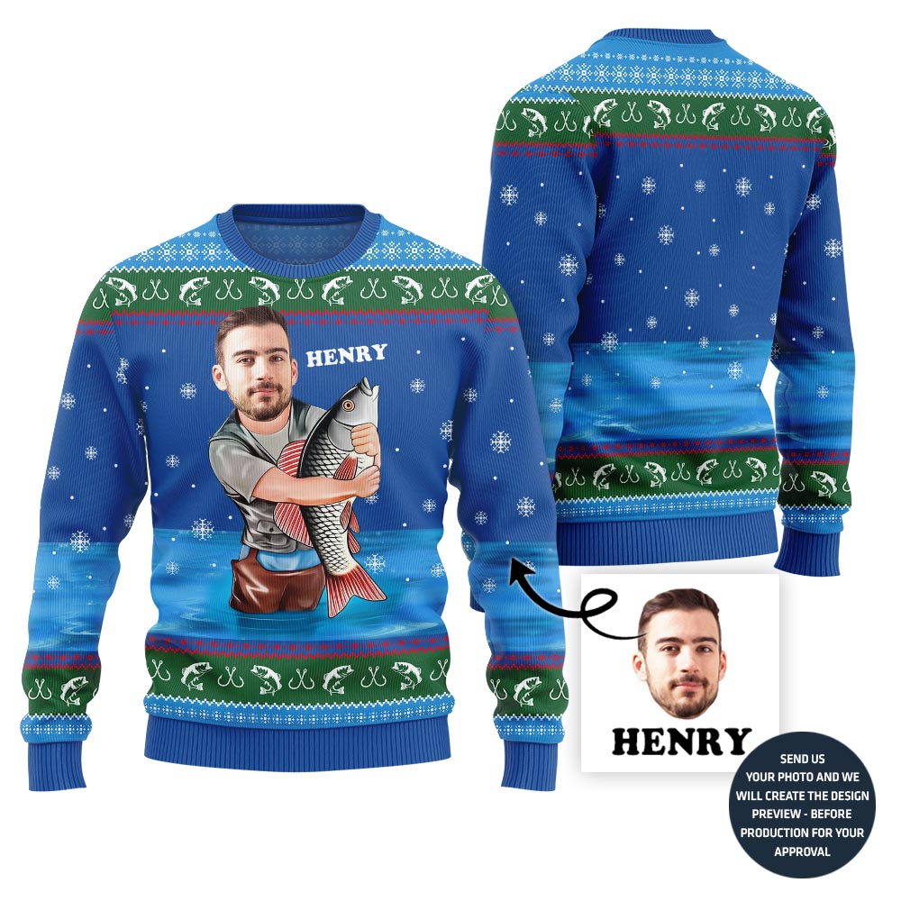 Custom Face With Name Fishing Ugly Sweater
