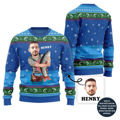 Custom Face With Name Fishing Ugly Sweater