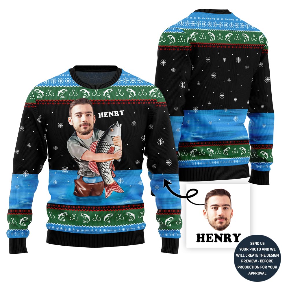 Custom Face With Name Fishing Ugly Sweater