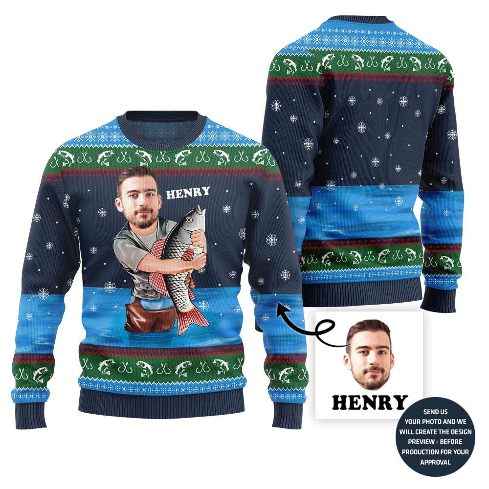 Custom Face With Name Fishing Ugly Sweater