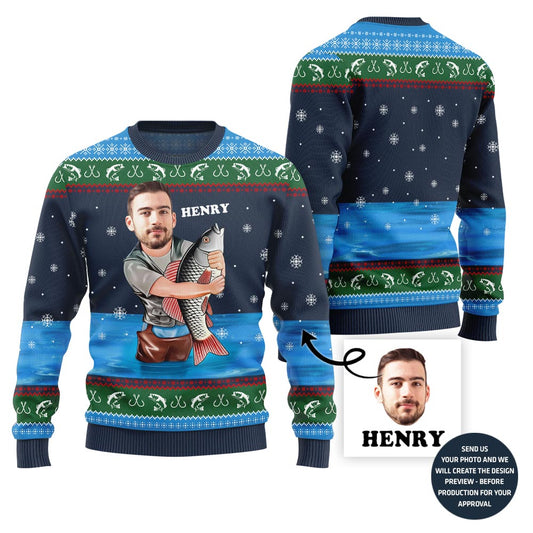 Custom Face With Name Fishing Ugly Sweater