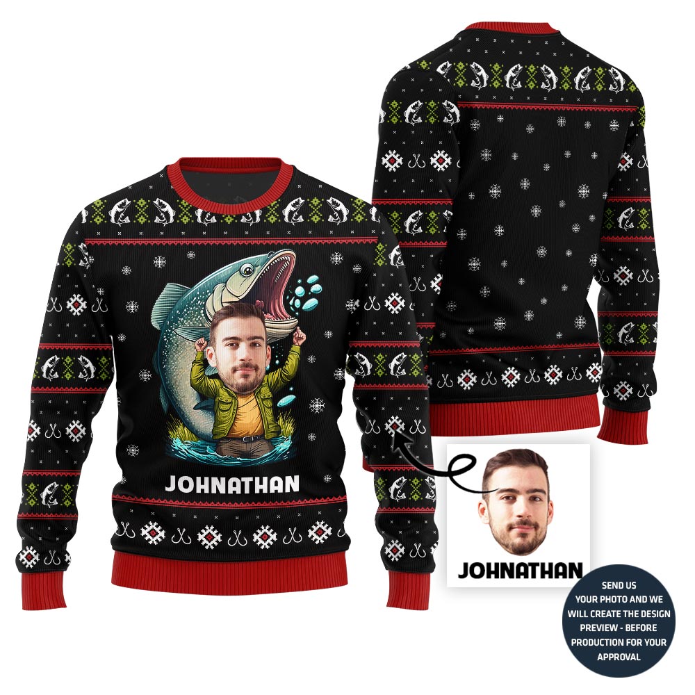 Custom Face With Name Fishing Ugly Xmas Sweater