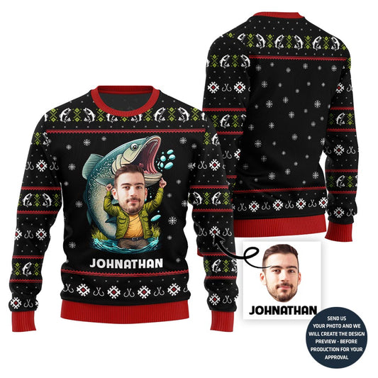 Custom Face With Name Fishing Ugly Xmas Sweater