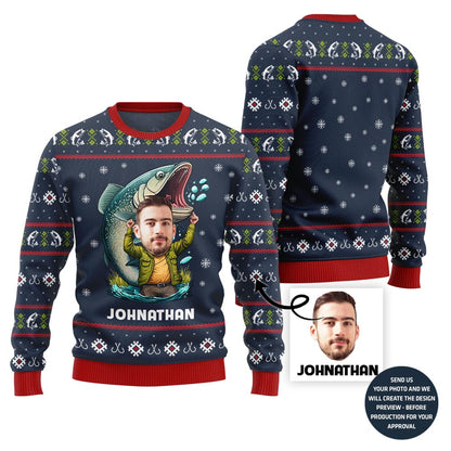 Custom Face With Name Fishing Ugly Xmas Sweater