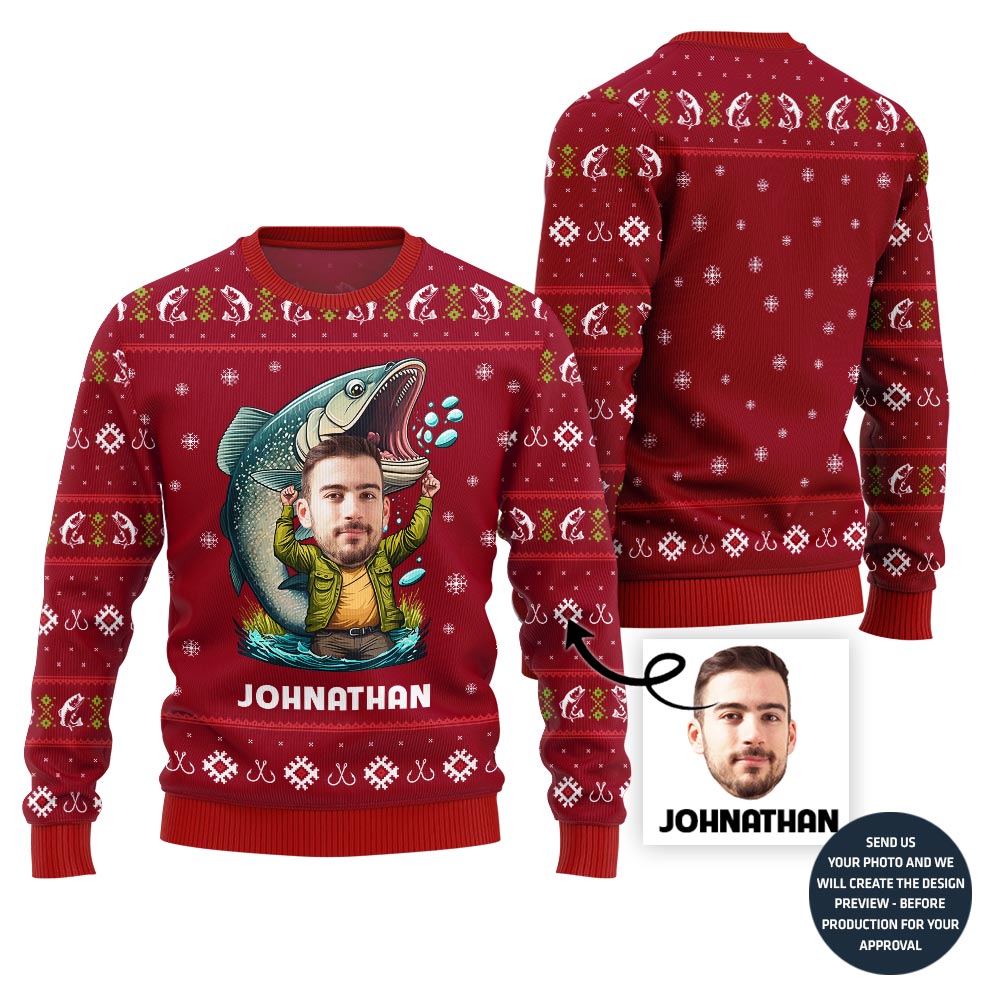 Custom Face With Name Fishing Ugly Xmas Sweater
