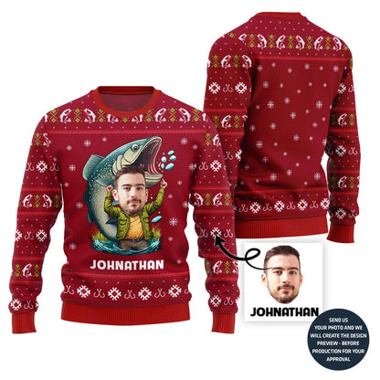 Custom Face With Name Fishing Ugly Xmas Sweater