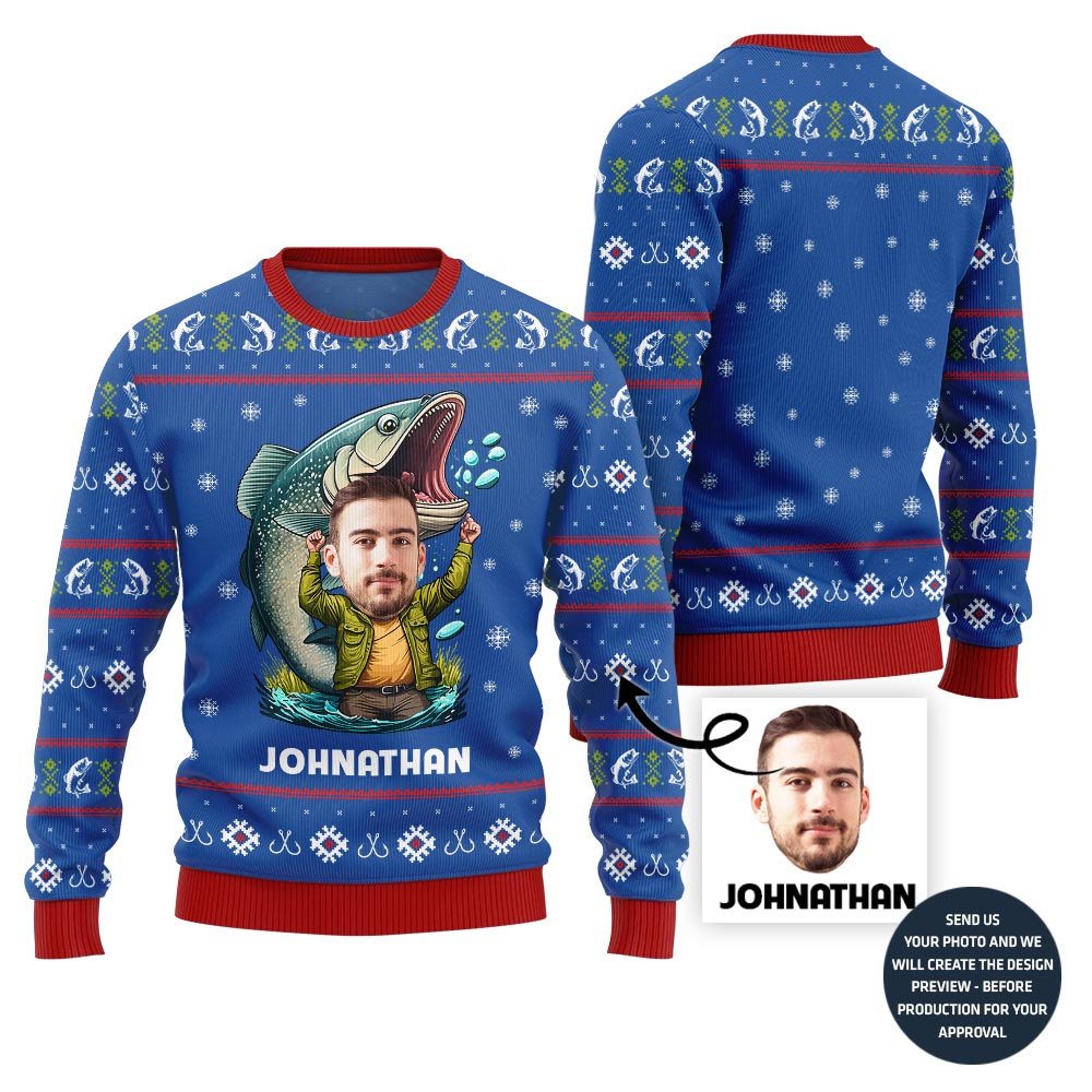 Custom Face With Name Fishing Ugly Xmas Sweater