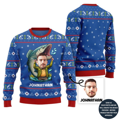 Custom Face With Name Fishing Ugly Xmas Sweater