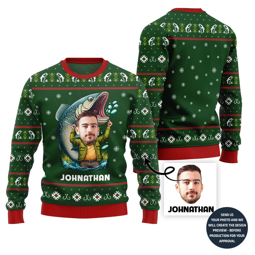Custom Face With Name Fishing Ugly Xmas Sweater