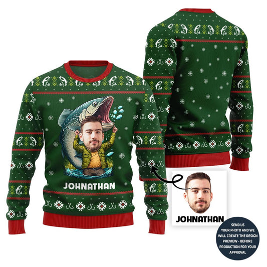 Custom Face With Name Fishing Ugly Xmas Sweater