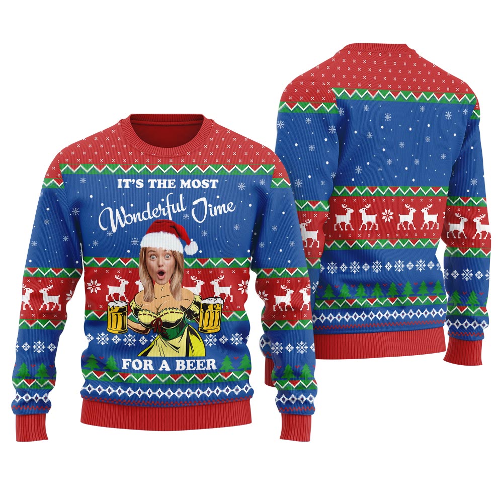Custom Face Xmas Sweater Its The Most Wonderful Time For A Beer For Women