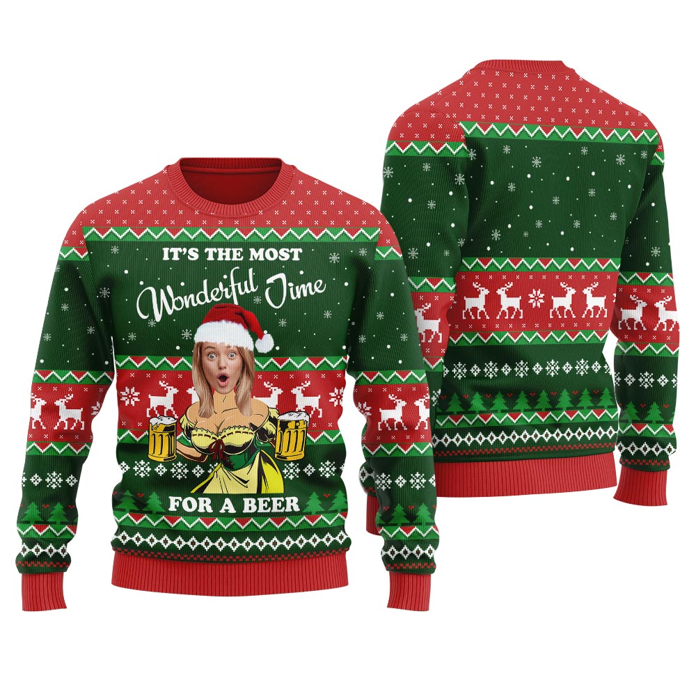 Custom Face Xmas Sweater Its The Most Wonderful Time For A Beer For Women