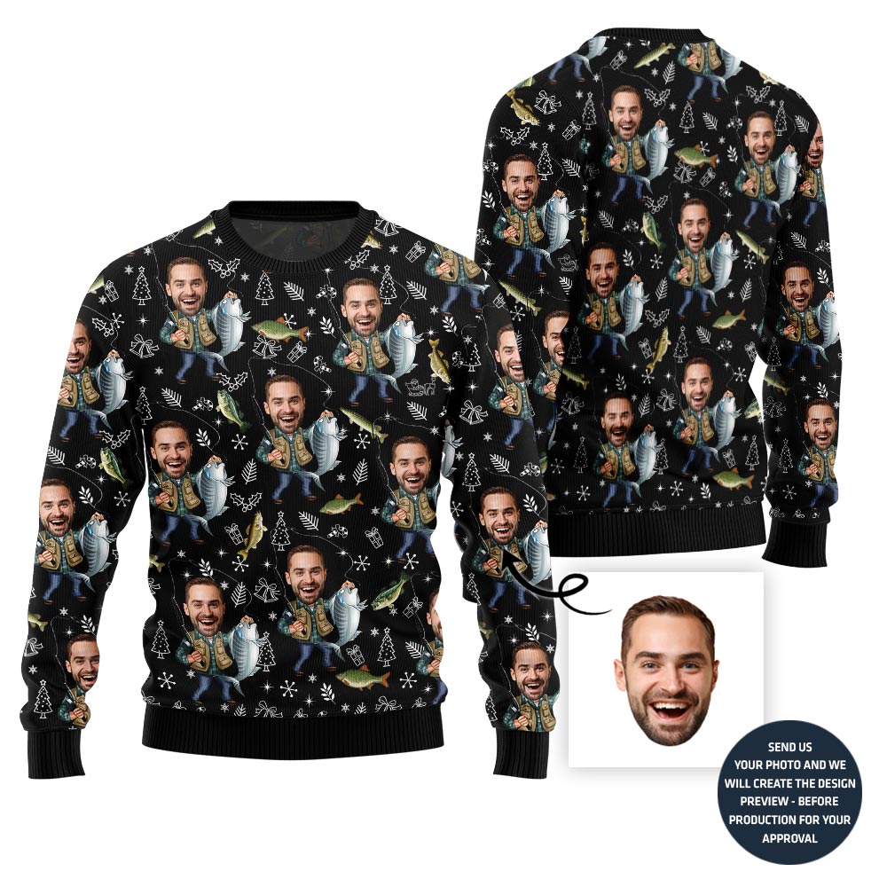 Custom Faces Fishing Funny Christmas Sweater For Men