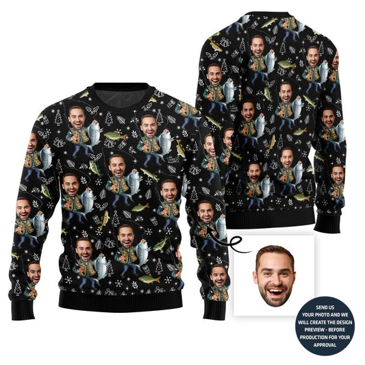 Custom Faces Fishing Funny Christmas Sweater For Men