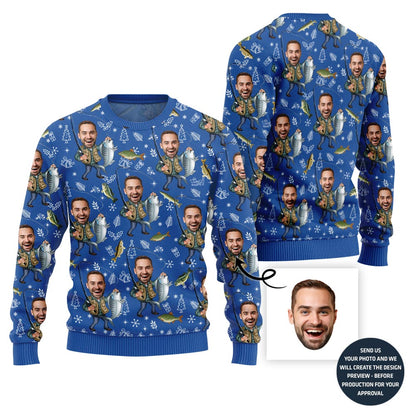Custom Faces Fishing Funny Christmas Sweater For Men