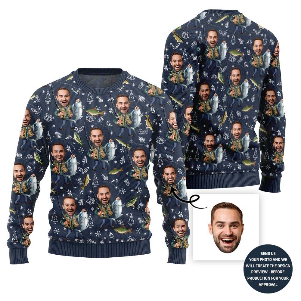 Custom Faces Fishing Funny Christmas Sweater For Men