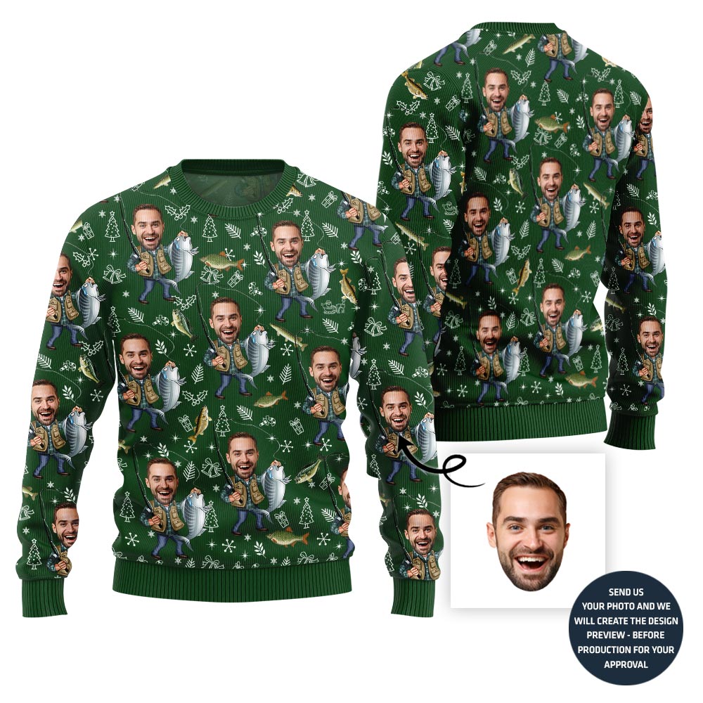 Custom Faces Fishing Funny Christmas Sweater For Men