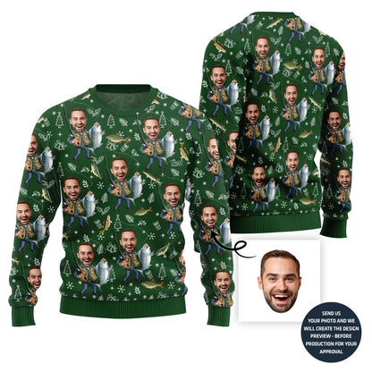 Custom Faces Fishing Funny Christmas Sweater For Men