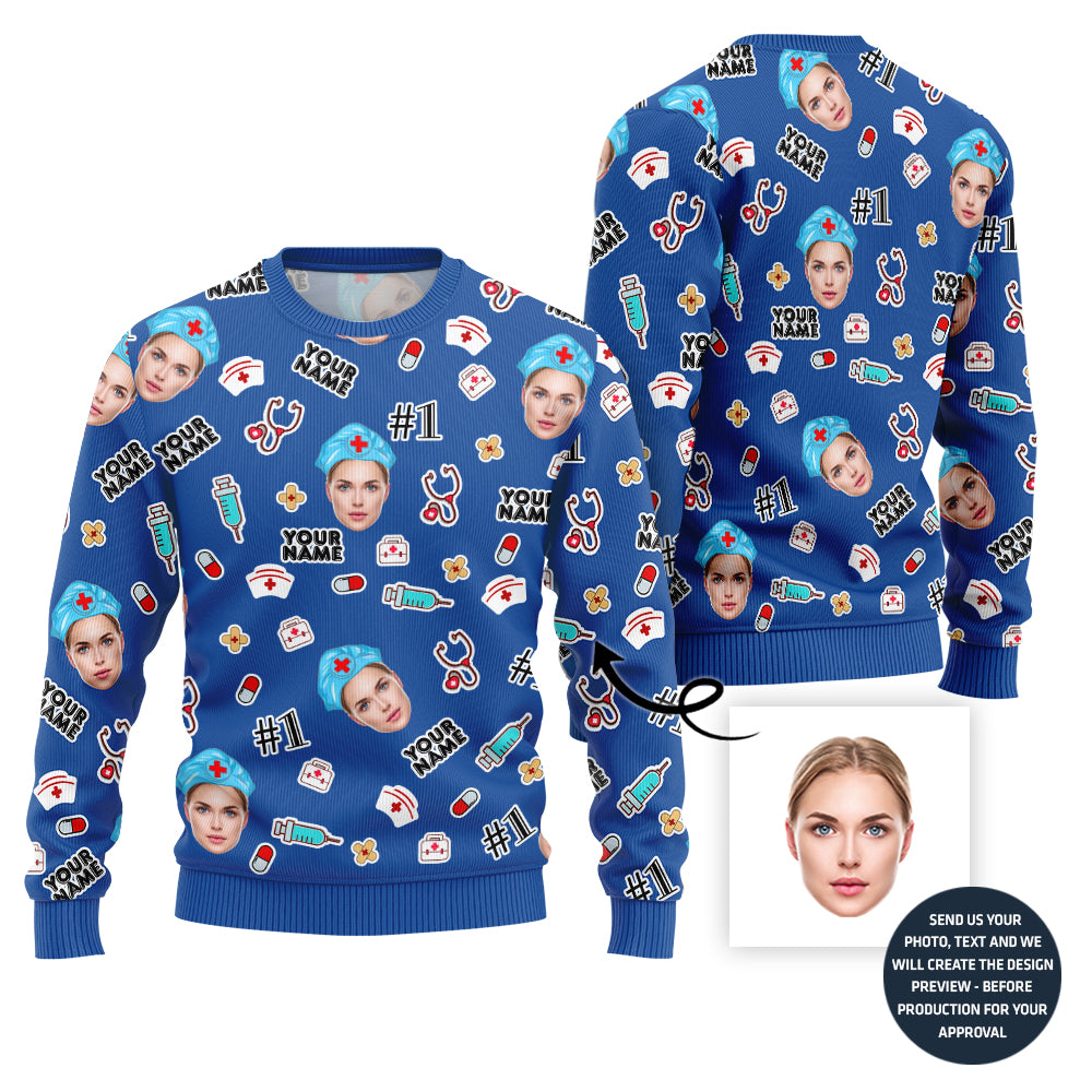 Custom Faces Ugly Christmas Sweater For Nurse