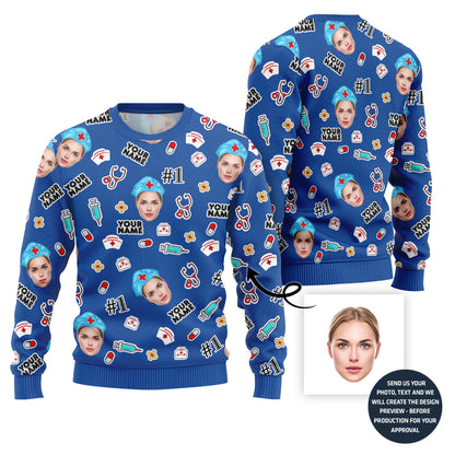 Custom Faces Ugly Christmas Sweater For Nurse