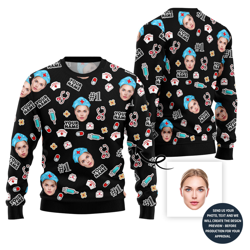 Custom Faces Ugly Christmas Sweater For Nurse